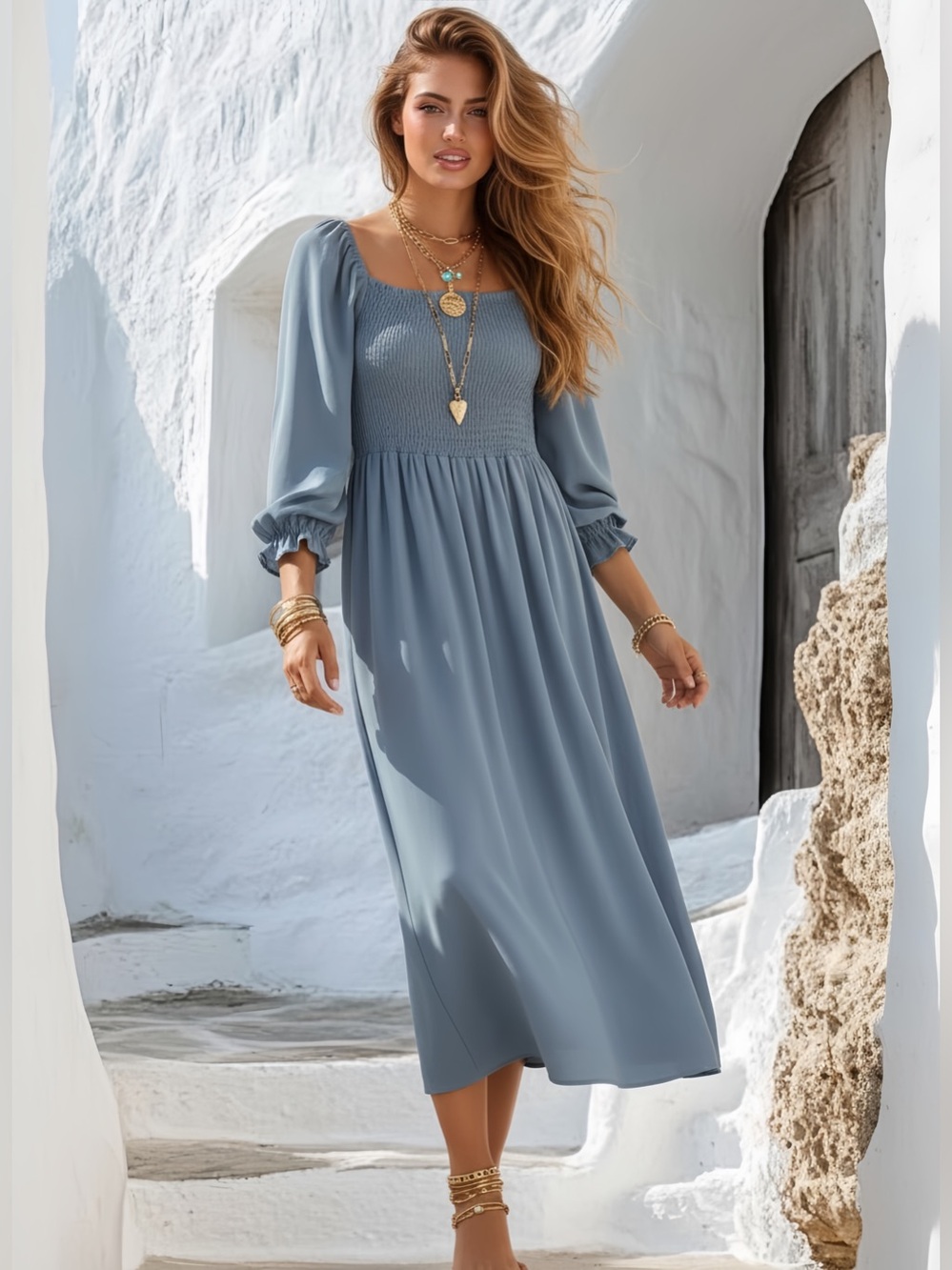 Camden Layne Smocked Square-Neck Midi Dress in Dusty Blue